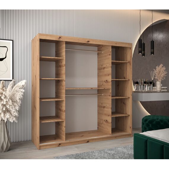 KRYSPOL Schwebetürenschrank Madryt 200 cm mit Spiegel Kleiderschrank mit Kleiderstange und Einlegeboden Schlafzimmer- Wohnzimmerschrank Schiebetüren Modern Design (Artisan Eiche + Weiß)