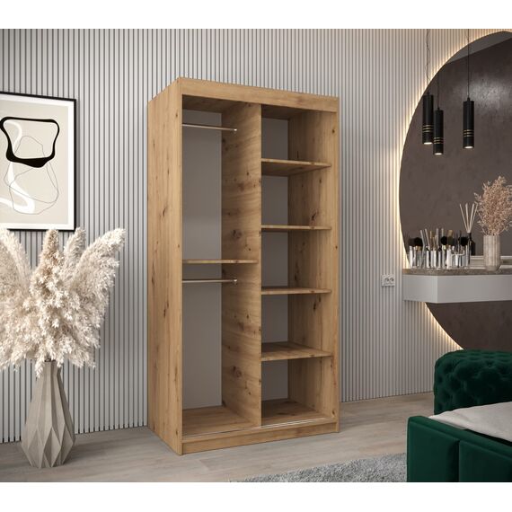 KRYSPOL Schwebetürenschrank Madryt 100 cm mit Spiegel Kleiderschrank mit Kleiderstange und Einlegeboden Schlafzimmer- Wohnzimmerschrank Schiebetüren Modern Design (Artisan Eiche + Weiß)