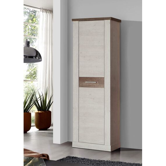 FORTE DURO Schrank 60 65, Kleiderschran klein Flurschrank schmal Garderobenschrank Landhausstil Drehtürenschrank, Holz dekor: Pinie Weiß / Eiche Antik, 61 cm breit x 199 cm hoch x 35 cm tief