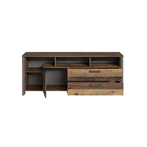 FORTE Clif TV-Unterschrank mit 1 Tür und 2 Schubladen, Holzwerkstoff, Old – Wood Vintage/ Betonoptik Dunkelgrau, 161 x 63,9 x 41,6 cm