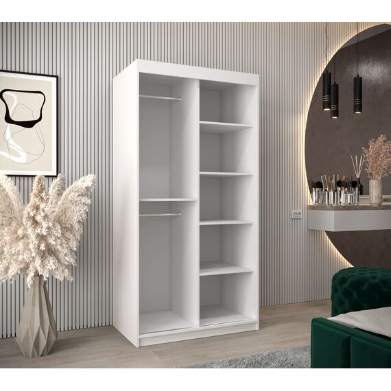 KRYSPOL Schwebetürenschrank Madryt 100 cm mit Spiegel Kleiderschrank mit Kleiderstange und Einlegeboden Schlafzimmer- Wohnzimmerschrank Schiebetüren Modern Design (Weiß)