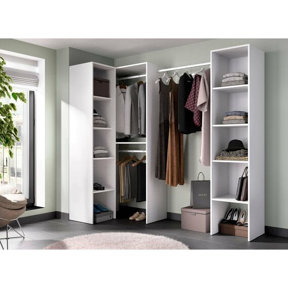 Dmora - Großer Kleiderschrank Plose, Struktur für begehbaren Eckschrank, offener Eckkleiderbügel, 226 x 79 x 186 cm, Weiß