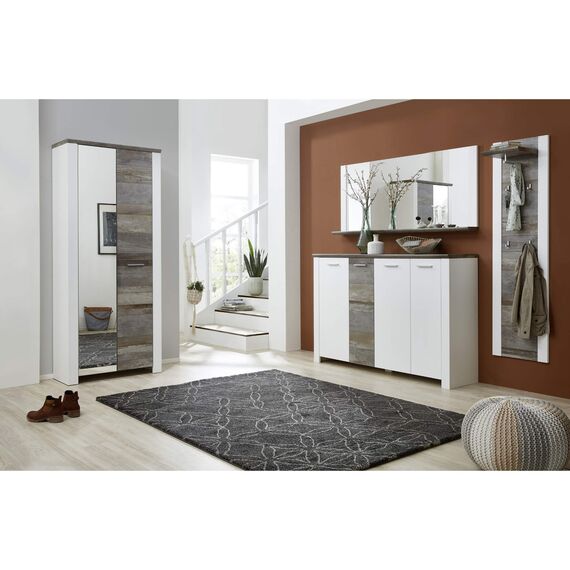 Stella Trading MATEO Garderobenschrank in Weiß mit Driftwood Optik - Moderner Flurgarderoben Schrank mit Spiegeltür - 80 x 198 x 39 cm (B/H/T)