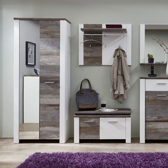 Stella Trading MATEO Garderobenschrank in Weiß mit Driftwood Optik - Moderner Flurgarderoben Schrank mit Spiegeltür - 80 x 198 x 39 cm (B/H/T)