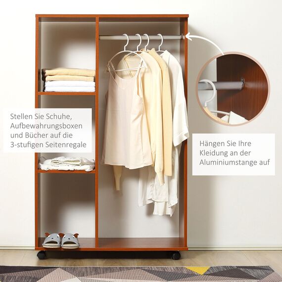 HOMCOM Kleiderschrank auf Rollen, Mobile Garderobe, 1 Kleiderstange, 3 Regale, Garderobenschrank für Flur, Schlafzimmer, 80 x 40 x 128 cm, Walnussbraun
