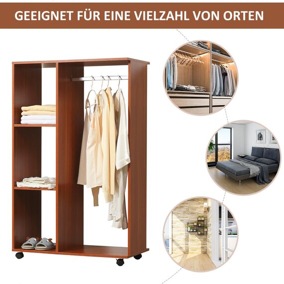 HOMCOM Kleiderschrank auf Rollen, Mobile Garderobe, 1 Kleiderstange, 3 Regale, Garderobenschrank für Flur, Schlafzimmer, 80 x 40 x 128 cm, Walnussbraun