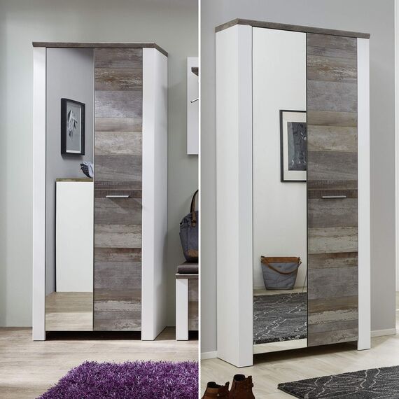 Stella Trading MATEO Garderobenschrank in Weiß mit Driftwood Optik - Moderner Flurgarderoben Schrank mit Spiegeltür - 80 x 198 x 39 cm (B/H/T)