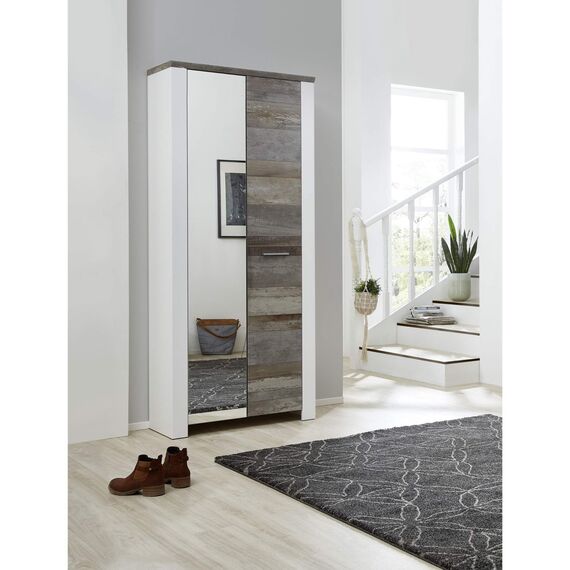 Stella Trading MATEO Garderobenschrank in Weiß mit Driftwood Optik - Moderner Flurgarderoben Schrank mit Spiegeltür - 80 x 198 x 39 cm (B/H/T)