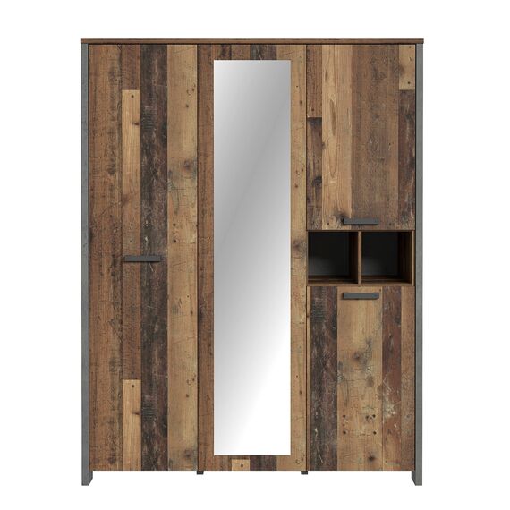 FORTE CLIF Schrank 150 160, Kleiderschrank mit Spiegel Industrial Vintage Schlafzimmerschrank 4-türig Holzdekor: Old – Wood Vintage / Betonoptik Dunkelgrau, 156 cm breit x 205 cm hoch x 52 cm tief