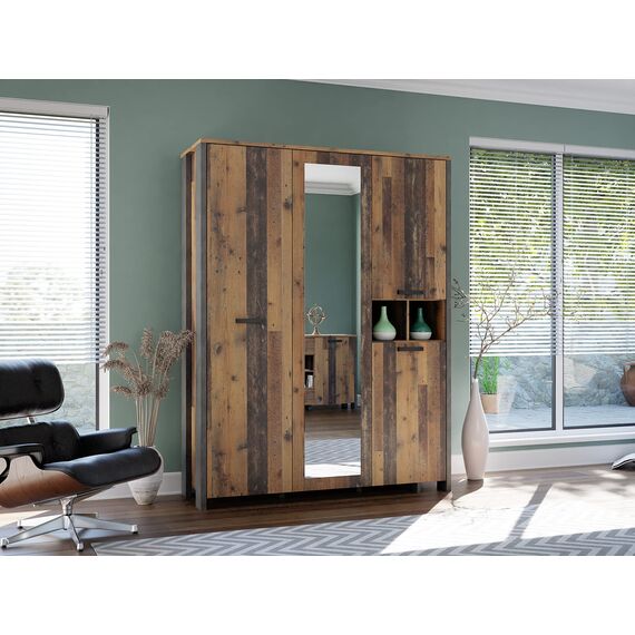 FORTE CLIF Schrank 150 160, Kleiderschrank mit Spiegel Industrial Vintage Schlafzimmerschrank 4-türig Holzdekor: Old – Wood Vintage / Betonoptik Dunkelgrau, 156 cm breit x 205 cm hoch x 52 cm tief