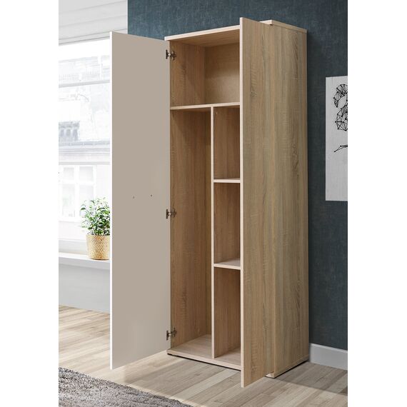 FORTE NET106 Schrank 70 180, Mehrzweckschrank klein, Staubsaugerschrank, Abstellraum, 2-türig mit Einlegeböden, Weiß mit Holzdekor: Sonoma Eiche, 69 cm breit x 179 cm hoch x 35 cm tief