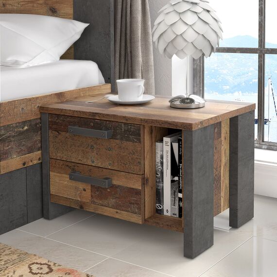 FORTE Clif Nachttisch mit 2 Schubladen, Holzwerkstoff, Old – Wood Vintage/ Betonoptik Dunkelgrau, 62 x 41,5 x 41,6 cm