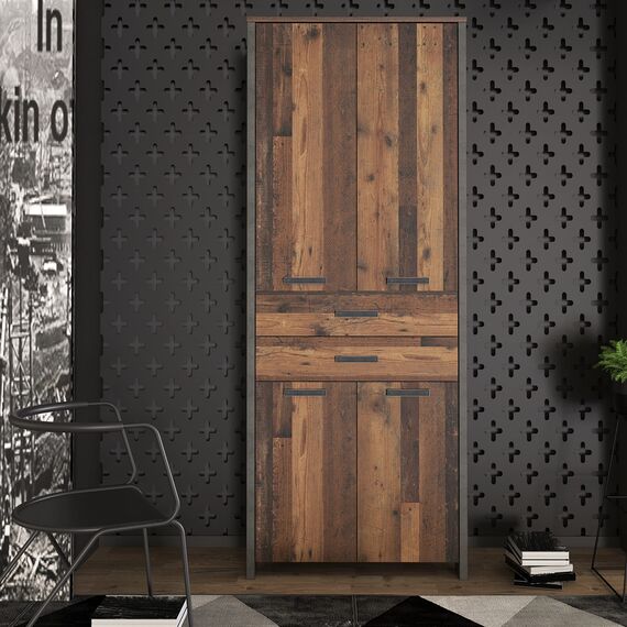 FORTE Clif Büroschrank mit 4 Türen und 2 Schubladen, Holzwerkstoff, Old Wood Vintage / Betonoptik Dunkelgrau, (BxHxT): 86,7 x 220,7 x 41,6 cm
