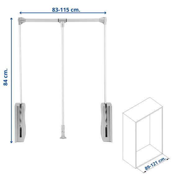 Ausziehbarer Kleiderständer für Kleiderschrank, Kleiderstange mit unterstützter Auf- und Ab -Funktion (Innenfach 89–121 cm)