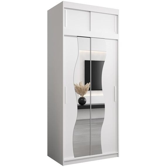KRYSPOL Schwebetürenschrank Madryt 100 cm mit Spiegel Kleiderschrank mit Kleiderstange und Einlegeboden Schlafzimmer- Wohnzimmerschrank Schiebetüren Modern Design (Weiß mit Erweiterung)