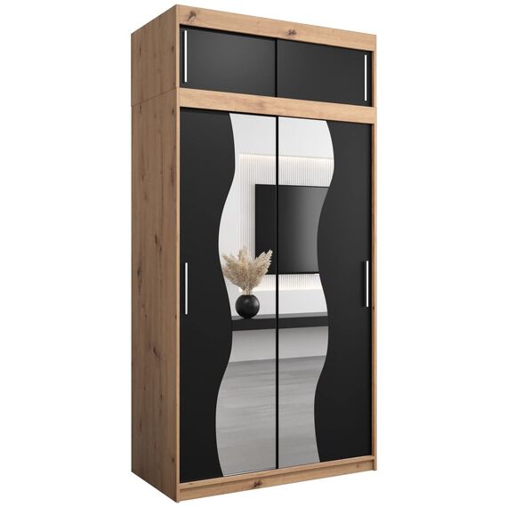 KRYSPOL Schwebetürenschrank Madryt 120 cm mit Spiegel Kleiderschrank mit Kleiderstange und Einlegeboden Schlafzimmer- Wohnzimmerschrank Schiebetüren (Artisan Eiche + Schwarz mit Erweiterung)