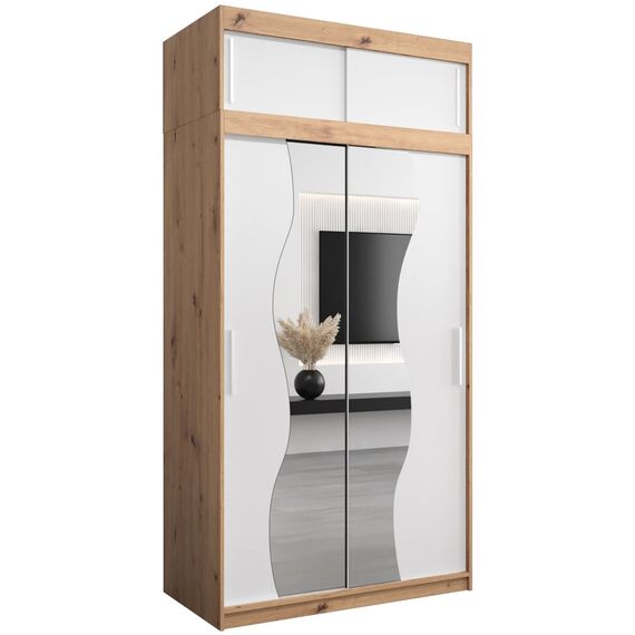 KRYSPOL Schwebetürenschrank Madryt 120 cm mit Spiegel Kleiderschrank mit Kleiderstange und Einlegeboden Schlafzimmer- Wohnzimmerschrank Schiebetüren (Artisan Eiche + Weiß mit Erweiterung)
