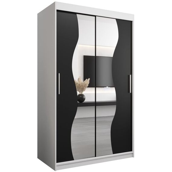 KRYSPOL Schwebetürenschrank Madryt 120 cm mit Spiegel Kleiderschrank mit Kleiderstange und Einlegeboden Schlafzimmer- Wohnzimmerschrank Schiebetüren Modern Design (Weiß + Schwarz)