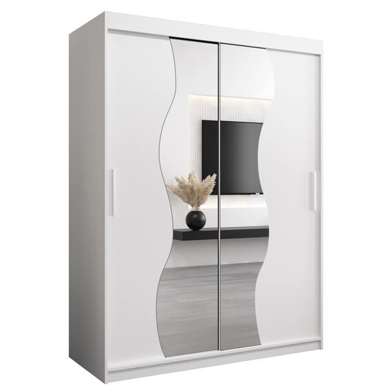 MEBLE KRYSPOL Schwebetürenschrank Madryt 150 cm mit Spiegel Kleiderschrank mit Kleiderstange und Einlegeboden Schlafzimmer- Wohnzimmerschrank Schiebetüren Modern Design (Weiß)