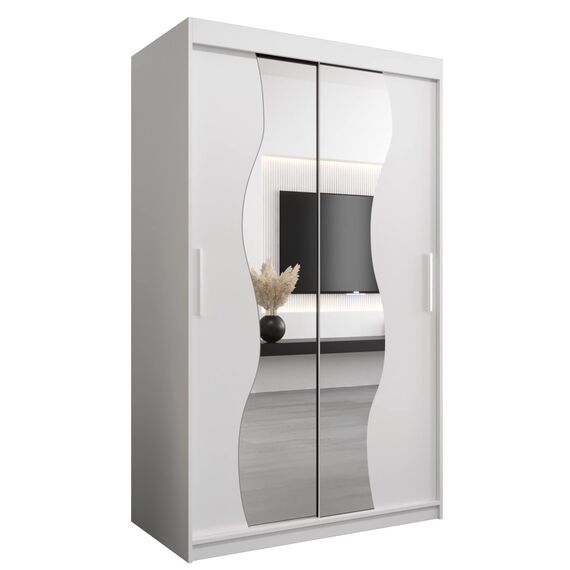 KRYSPOL Schwebetürenschrank Madryt 120 cm mit Spiegel Kleiderschrank mit Kleiderstange und Einlegeboden Schlafzimmer- Wohnzimmerschrank Schiebetüren Modern Design (Weiß)