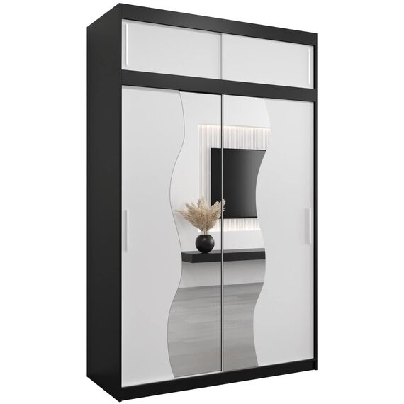 KRYSPOL Schwebetürenschrank Madryt 150 cm mit Spiegel Kleiderschrank mit Kleiderstange und Einlegeboden Schlafzimmer- Wohnzimmerschrank Schiebetüren Modern Design (Schwarz + Weiß mit Erweiterung)