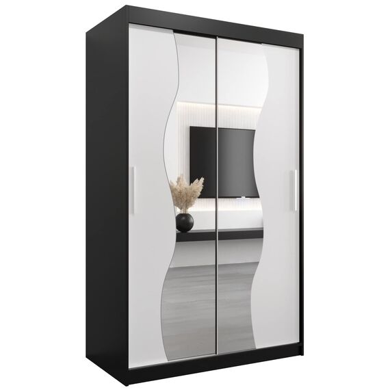 KRYSPOL Schwebetürenschrank Madryt 120 cm mit Spiegel Kleiderschrank mit Kleiderstange und Einlegeboden Schlafzimmer- Wohnzimmerschrank Schiebetüren Modern Design (Schwarz + Weiß)