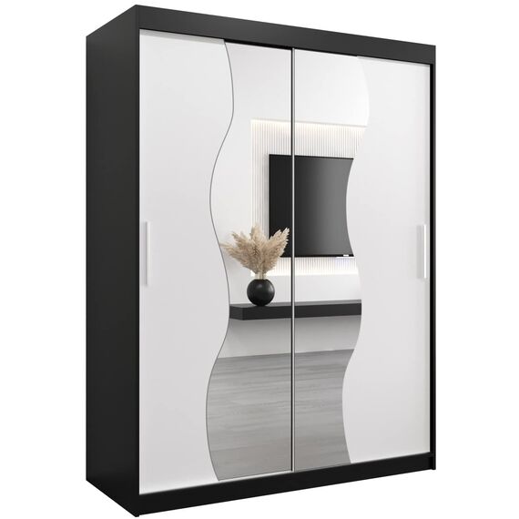 Kryspol Schwebetürenschrank Madryt 150 cm mit Spiegel Kleiderschrank mit Kleiderstange und Einlegeboden Schlafzimmer- Wohnzimmerschrank Schiebetüren Modern Design (Schwarz + Weiß)