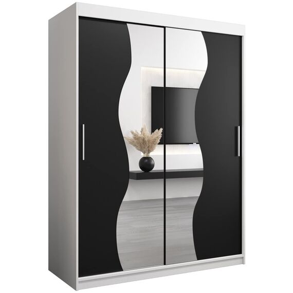 KRYSPOL Schwebetürenschrank Madryt 150 cm mit Spiegel Kleiderschrank mit Kleiderstange und Einlegeboden Schlafzimmer- Wohnzimmerschrank Schiebetüren Modern Design (Weiß + Schwarz)