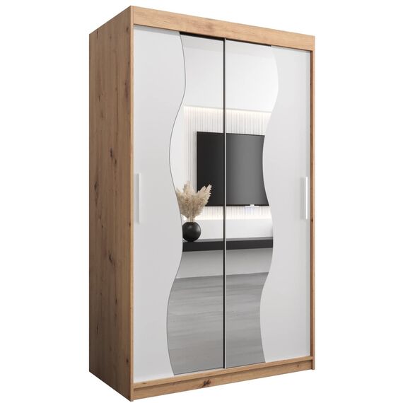 KRYSPOL Schwebetürenschrank Madryt 120 cm mit Spiegel Kleiderschrank mit Kleiderstange und Einlegeboden Schlafzimmer- Wohnzimmerschrank Schiebetüren Modern Design (Artisan Eiche + Weiß)