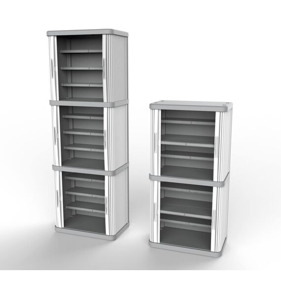 Terry, Rolling Space Cab 3, Innen- und Außenschrank mit 3 Fächern, zwei Schiebetüren, 3 verstellbare Innenregale, grau, aus recyceltem Kunststoff, Maße: 59x36x170 cm