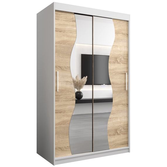 KRYSPOL Schwebetürenschrank Madryt 120 cm mit Spiegel Kleiderschrank mit Kleiderstange und Einlegeboden Schlafzimmer- Wohnzimmerschrank Schiebetüren Modern Design (Weiß + Sonoma)