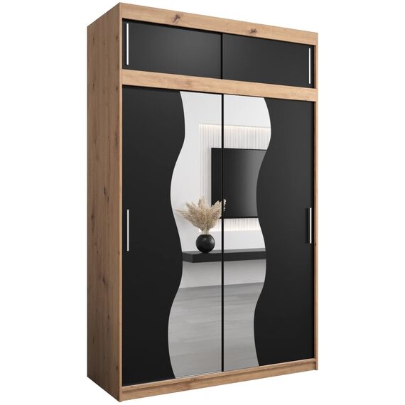 KRYSPOL Schwebetürenschrank Madryt 150 cm mit Spiegel Kleiderschrank mit Kleiderstange und Einlegeboden Schlafzimmer- Wohnzimmerschrank Schiebetüren (Artisan Eiche + Schwarz mit Erweiterung)