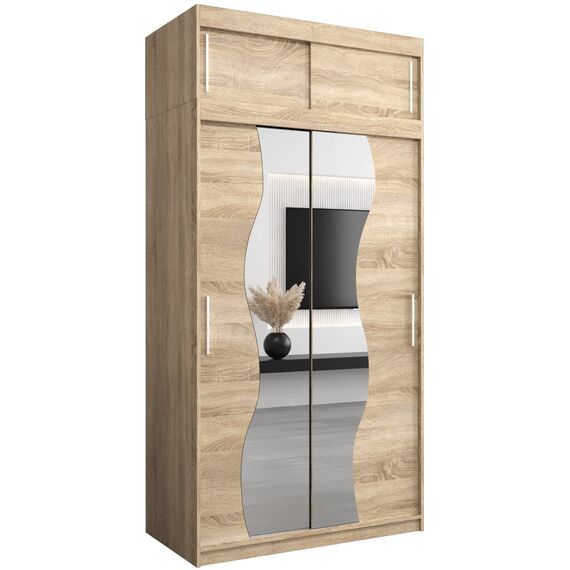 KRYSPOL Schwebetürenschrank Madryt 120 cm mit Spiegel Kleiderschrank mit Kleiderstange und Einlegeboden Schlafzimmer- Wohnzimmerschrank Schiebetüren Modern Design (Sonoma mit Erweiterung)