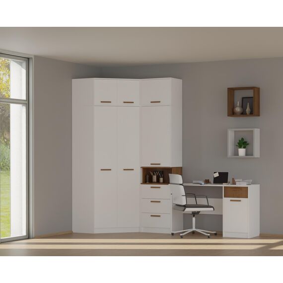 Marmex Grant G8 - Eckschrank 91x195x91 cm, Bücherregal - Eckgarderobe mit Kleiderstangen und Einlegeböden für das Jugendzimmer, Schlafzimmer - Eckkleiderschrank - weiß + Riviera Eiche (Modern)