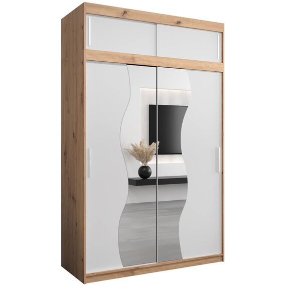 KRYSPOL Schwebetürenschrank Madryt 150 cm mit Spiegel Kleiderschrank mit Kleiderstange und Einlegeboden Schlafzimmer- Wohnzimmerschrank Schiebetüren (Artisan Eiche + Weiß mit Erweiterung)