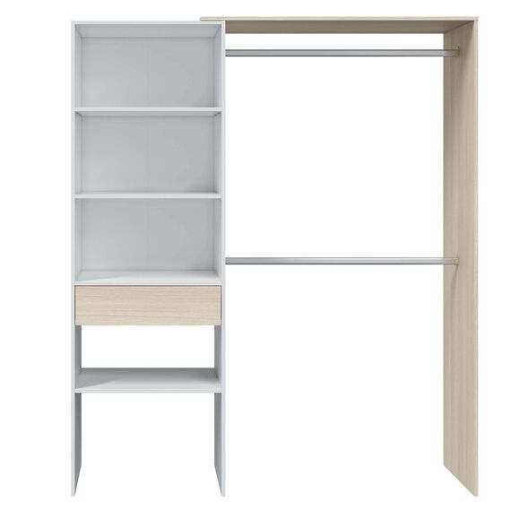Habitdesign, offener Ankleideschrank mit 2 Kleiderstangen, 4 Einlegeböden und 1 Schublade – wandelbares offenes Schranksystem in Artik weiß und Eiche, Maße: 158 x 187 x 40 cm (B x H x T), Modell Dress