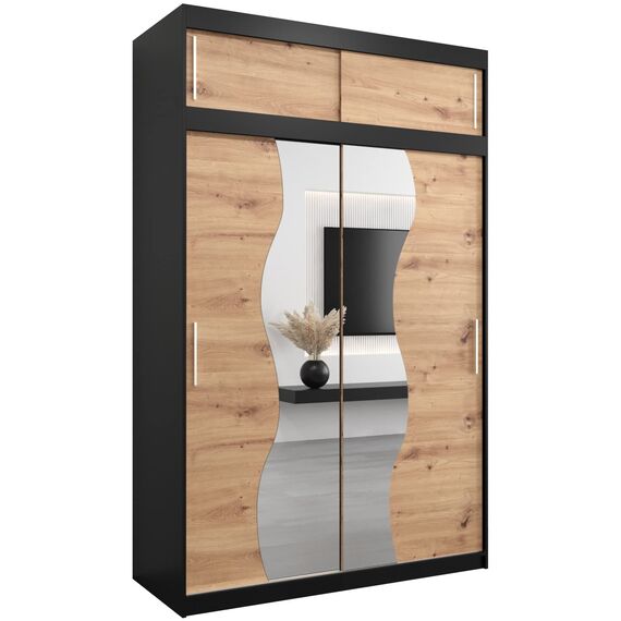KRYSPOL Schwebetürenschrank Madryt 150 cm mit Spiegel Kleiderschrank mit Kleiderstange und Einlegeboden Schlafzimmer- Wohnzimmerschrank Schiebetüren (Schwarz + Artisan Eiche mit Erweiterung)