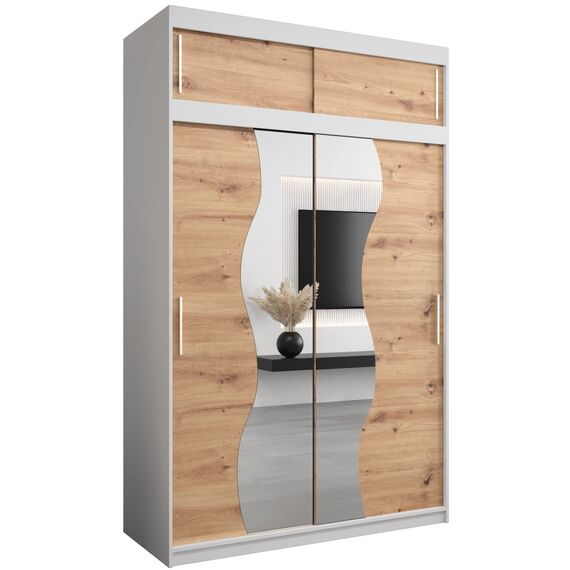 KRYSPOL Schwebetürenschrank Madryt 150 cm mit Spiegel Kleiderschrank mit Kleiderstange und Einlegeboden Schlafzimmer- Wohnzimmerschrank Schiebetüren (Weiß + Artisan Eiche mit Erweiterung)