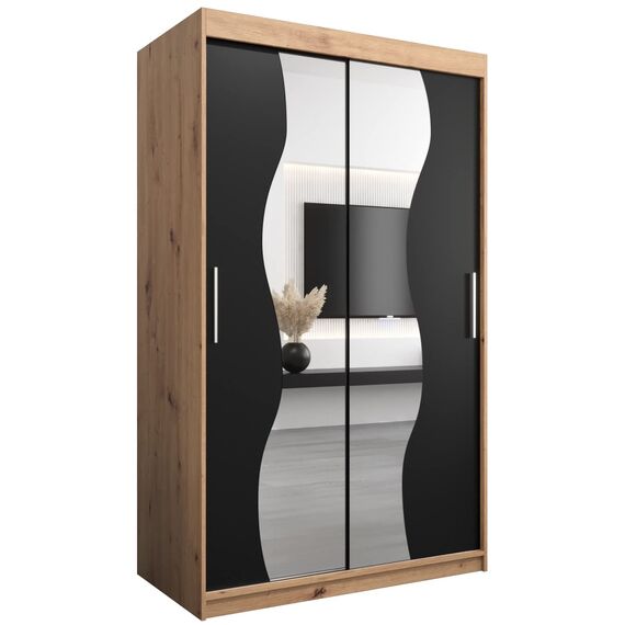 KRYSPOL Schwebetürenschrank Madryt 120 cm mit Spiegel Kleiderschrank mit Kleiderstange und Einlegeboden Schlafzimmer- Wohnzimmerschrank Schiebetüren Modern Design (Artisan Eiche + Schwarz)