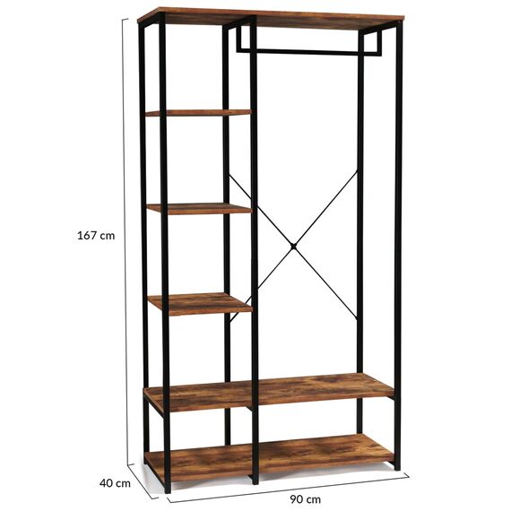 IDMarket - Ankleide Kleiderschrank Regale B. 90 cm HAWKINS dunkles Holz Industriedesign