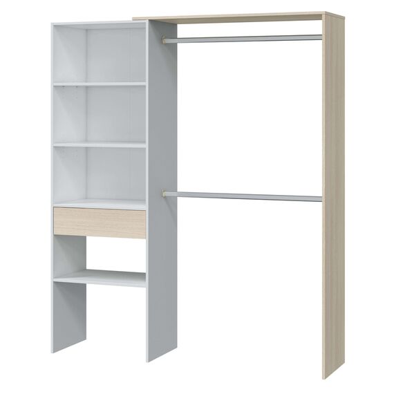 Habitdesign, offener Ankleideschrank mit 2 Kleiderstangen, 4 Einlegeböden und 1 Schublade – wandelbares offenes Schranksystem in Artik weiß und Eiche, Maße: 158 x 187 x 40 cm (B x H x T), Modell Dress