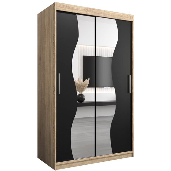 KRYSPOL Schwebetürenschrank Madryt 120 cm mit Spiegel Kleiderschrank mit Kleiderstange und Einlegeboden Schlafzimmer- Wohnzimmerschrank Schiebetüren Modern Design (Sonoma + Schwarz)