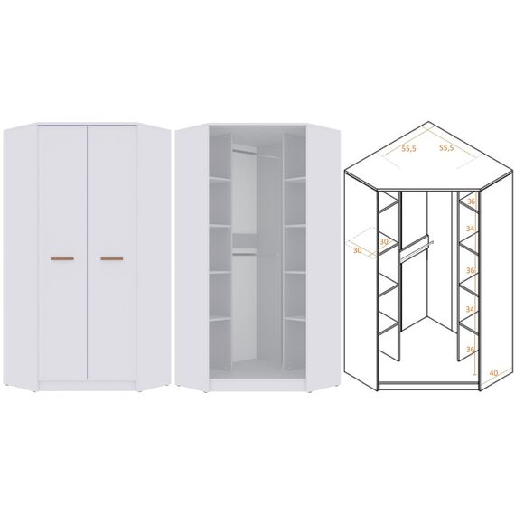 Marmex Grant G8 - Eckschrank 91x195x91 cm, Bücherregal - Eckgarderobe mit Kleiderstangen und Einlegeböden für das Jugendzimmer, Schlafzimmer - Eckkleiderschrank - weiß + Riviera Eiche (Modern)
