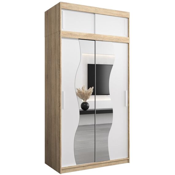 KRYSPOL Schwebetürenschrank Madryt 120 cm mit Spiegel Kleiderschrank mit Kleiderstange und Einlegeboden Schlafzimmer- Wohnzimmerschrank Schiebetüren Modern Design (Sonoma + Weiß mit Erweiterung)