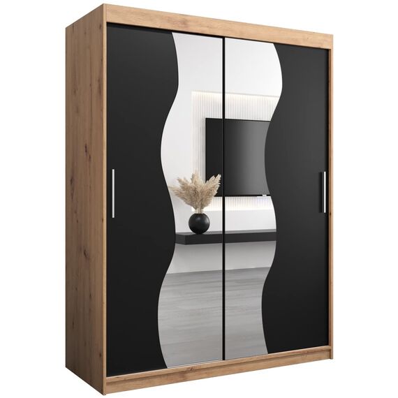 Kryspol Schwebetürenschrank Madryt 150 cm mit Spiegel Kleiderschrank mit Kleiderstange und Einlegeboden Schlafzimmer- Wohnzimmerschrank Schiebetüren Modern Design (Artisan Eiche + Schwarz)