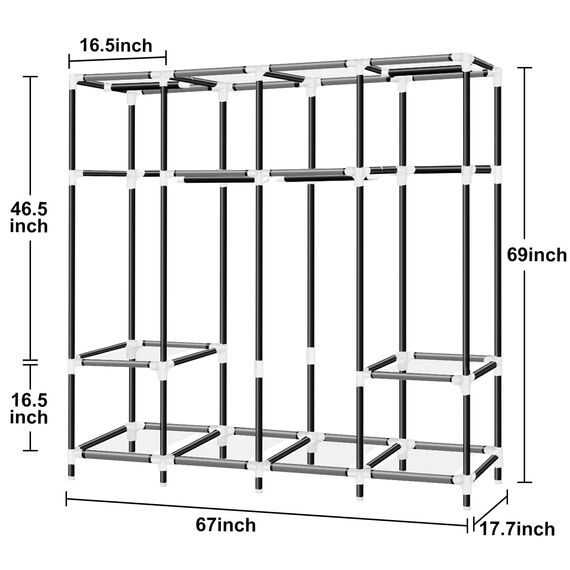 Tragbarer Schrank, LOKEME 160 cm Kleiderschrank zum Aufhängen von Kleidung mit 4 Aufhängestangen, 25 mm Stahlrohr-Kleideraufbewahrung, schnelle und einfache Montage, schwarze Abdeckung