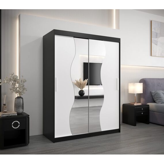 Kryspol Schwebetürenschrank Madryt 150 cm mit Spiegel Kleiderschrank mit Kleiderstange und Einlegeboden Schlafzimmer- Wohnzimmerschrank Schiebetüren Modern Design (Schwarz + Weiß)