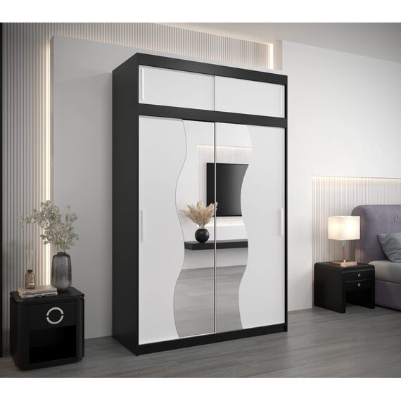 KRYSPOL Schwebetürenschrank Madryt 150 cm mit Spiegel Kleiderschrank mit Kleiderstange und Einlegeboden Schlafzimmer- Wohnzimmerschrank Schiebetüren Modern Design (Schwarz + Weiß mit Erweiterung)