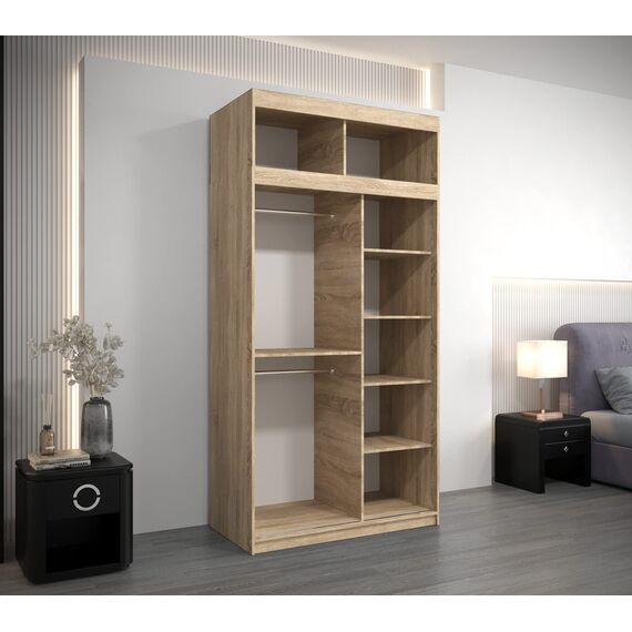 KRYSPOL Schwebetürenschrank Madryt 120 cm mit Spiegel Kleiderschrank mit Kleiderstange und Einlegeboden Schlafzimmer- Wohnzimmerschrank Schiebetüren Modern Design (Sonoma mit Erweiterung)