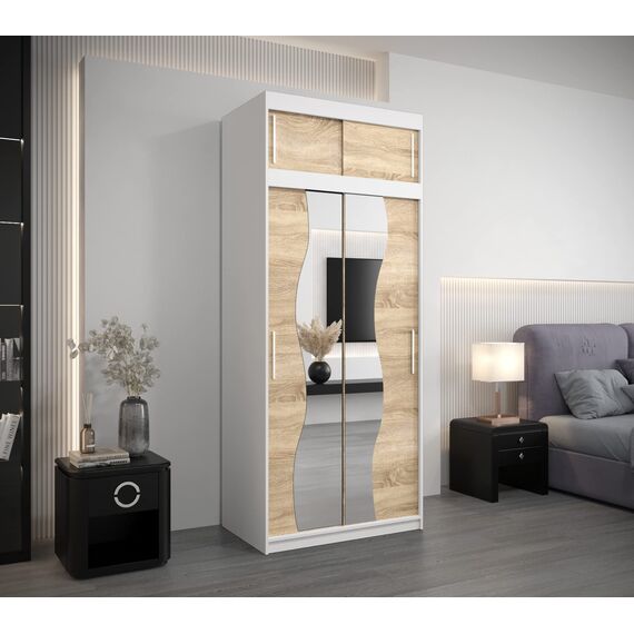 KRYSPOL Schwebetürenschrank Madryt 100 cm mit Spiegel Kleiderschrank mit Kleiderstange und Einlegeboden Schlafzimmer- Wohnzimmerschrank Schiebetüren Modern Design (Weiß + Sonoma mit Erweiterung)